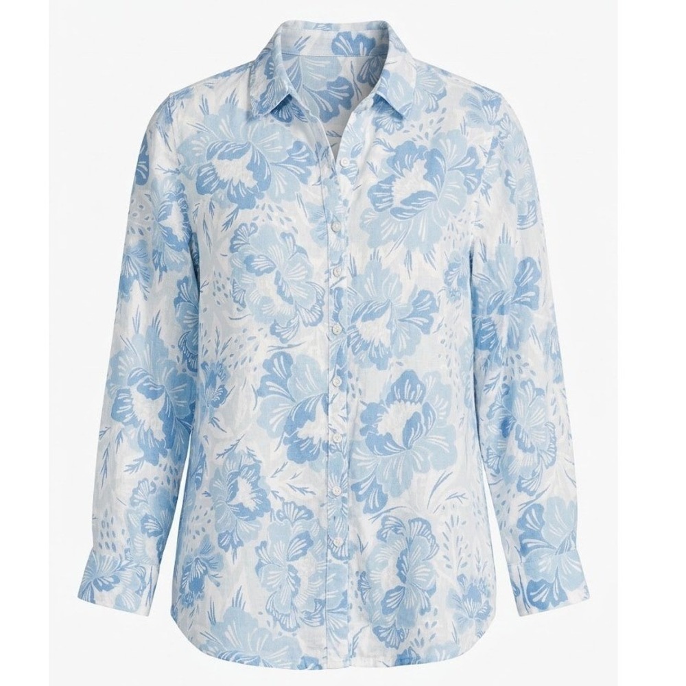 Sigrid Olsen 100% Linen Blue Floral Button Up Shirt Plus Size 1X Long Sleeve